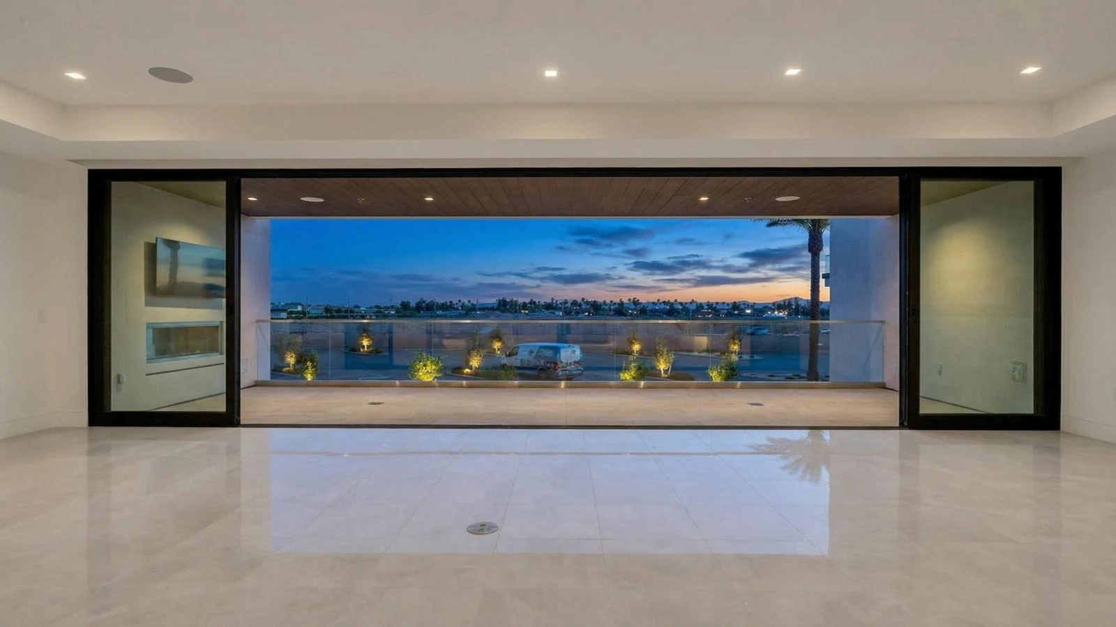 Luxury great room with glass walls open at dusk, Paradise Valley